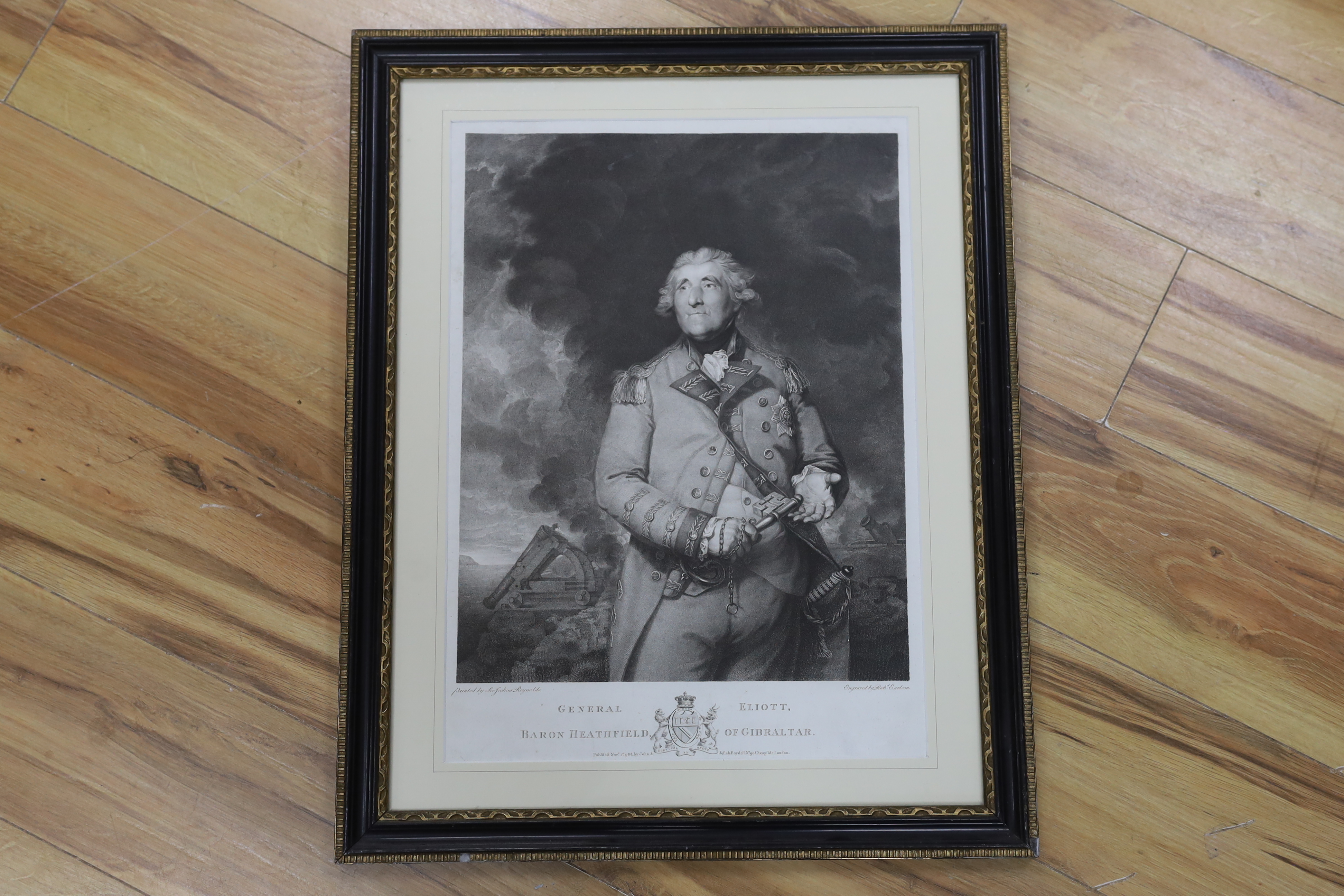 Richard Earlom after Sir Joshua Reynolds (1723-1792), stipple engraving, 'General Eliott, Baron Heathfield of Gibraltar', published by Boydell 1788, visible sheet 39 x 35.5cm